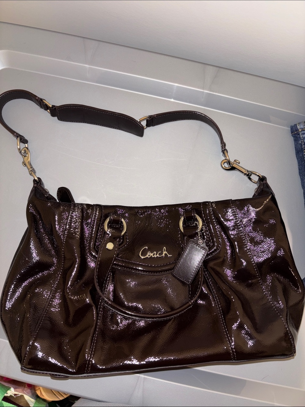 Coach Patent Leather Shoulder Bag in Dark Brown